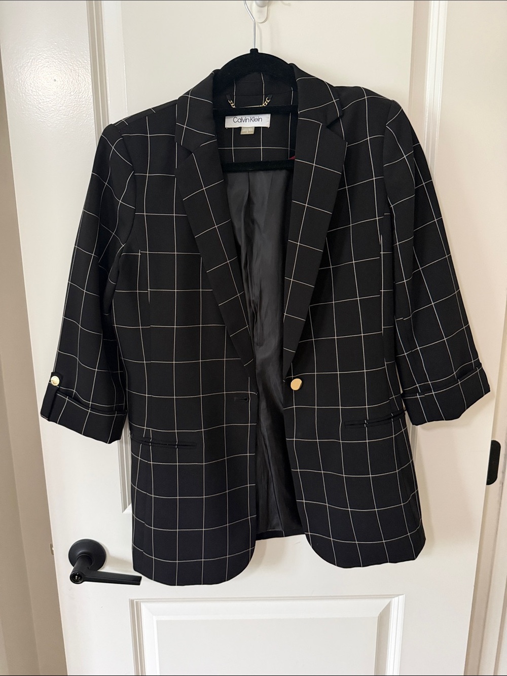 Calvin Klein Black Windowpane Check Blazer with Gold Buttons